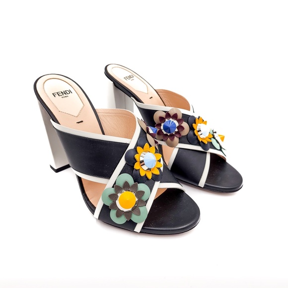 Fendi Flowerland Black White Nappa Leather Slip-On Heeled Mules EU 38 - Picture 2 of 10